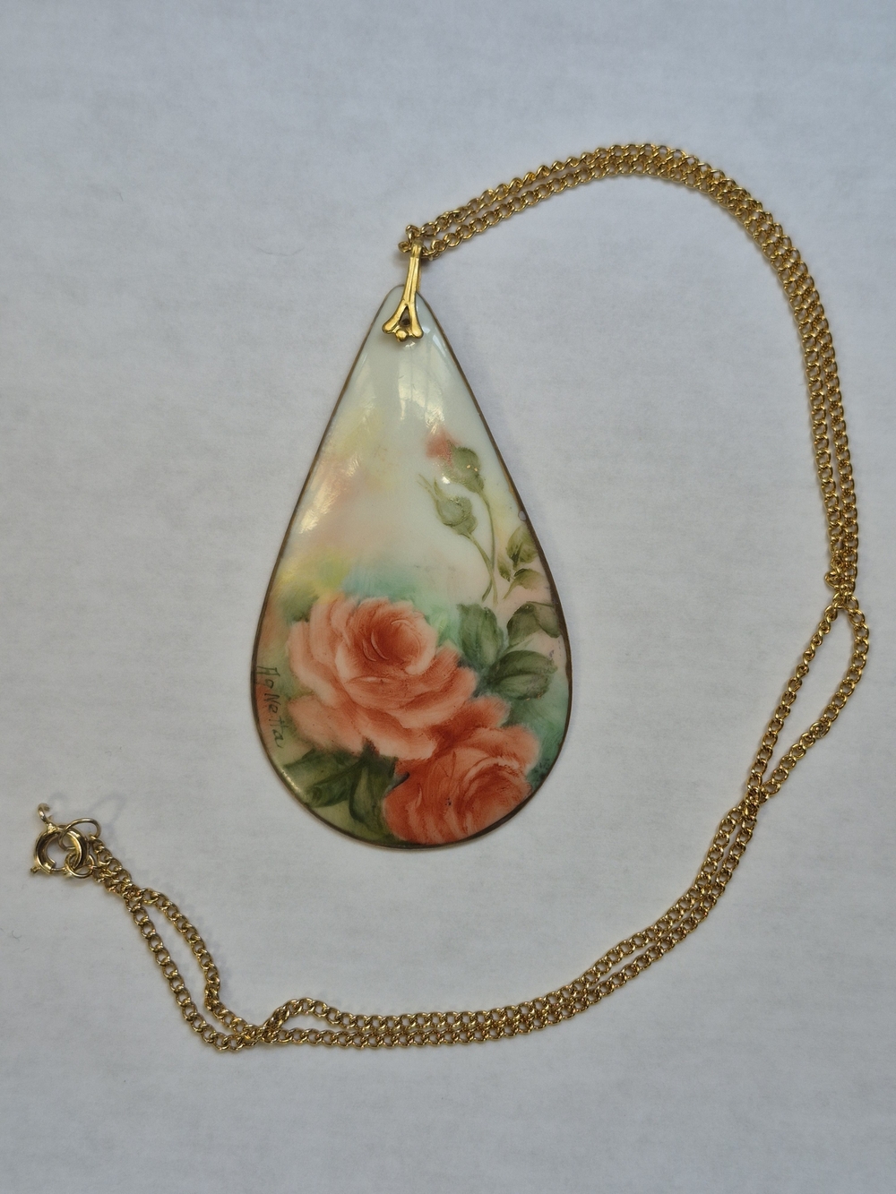 Vintage Signed Porcelain Rose Pendant Necklace & Clip-On Earring Set